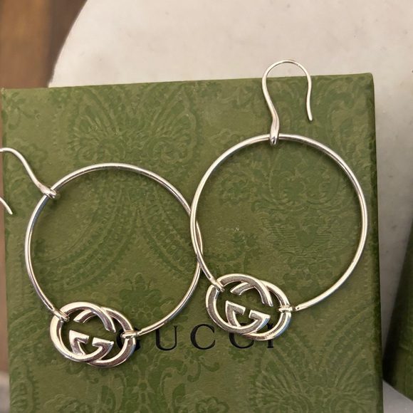 Gucci 925 stamped Silver GG Logo Hoop Earrings - Picture 7 of 13